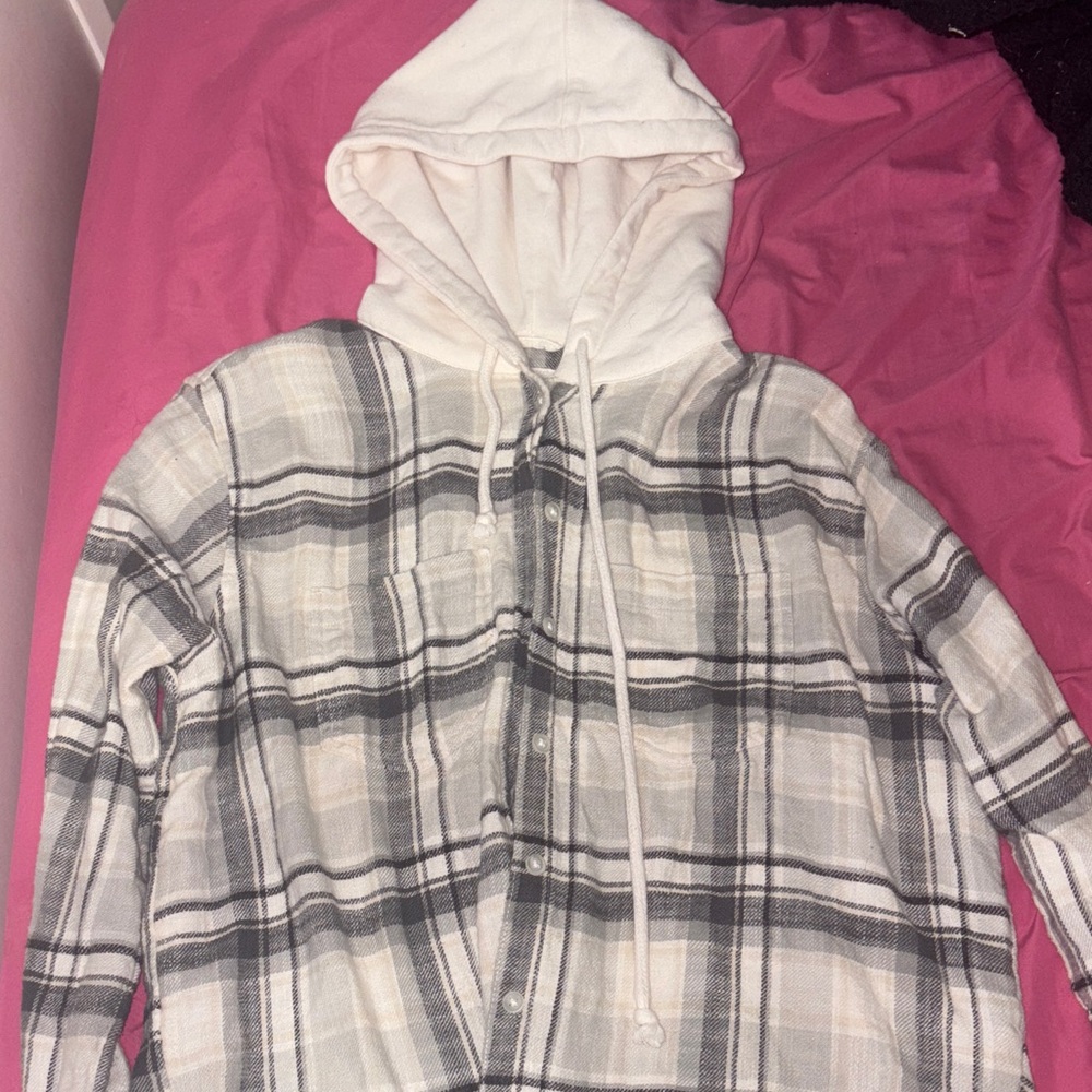 American Eagle Outfitters Plaid Jacket with Hood - White and Gray